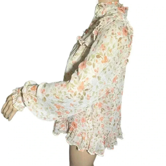 CeCe Floral Lace Blouse Pink Long Sleeve Top Feminine Mock Neck Pearls Small - Picture 3 of 10